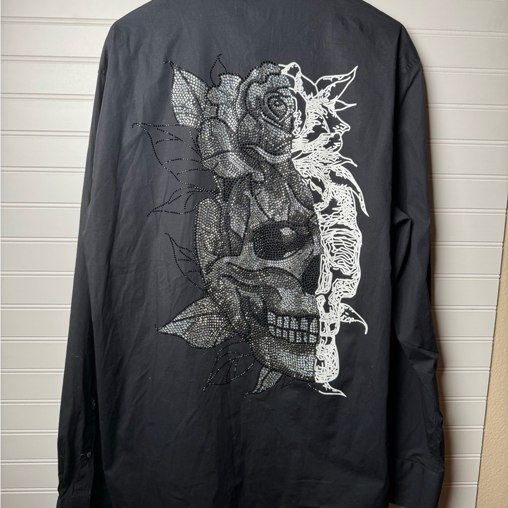 Robert Graham XL Black Embellished Skull and Rose Button Down Shirt
